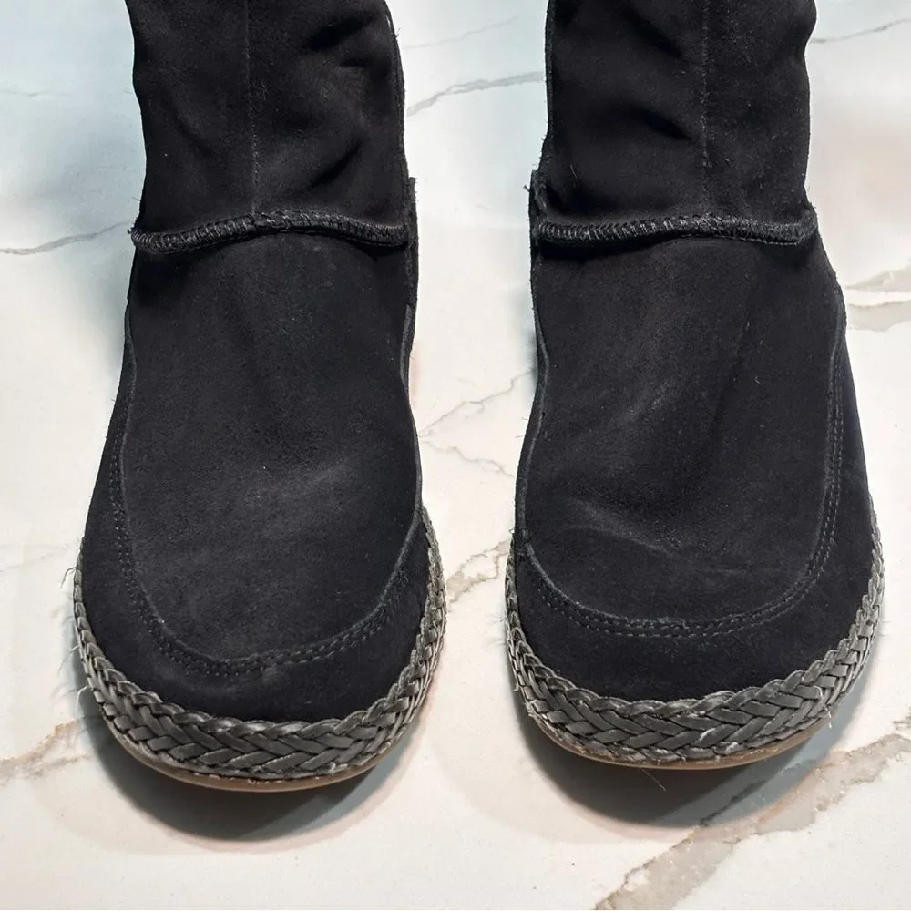 UGG Emerie Women’s Black Leather Suede Tall Moccasin Boots Zipper Tassels 10